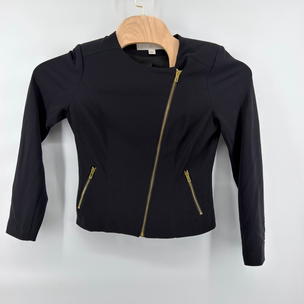 Boston Proper Moto Jacket Womens Size 8 Black Asymmetric Gold Zip Blazer
